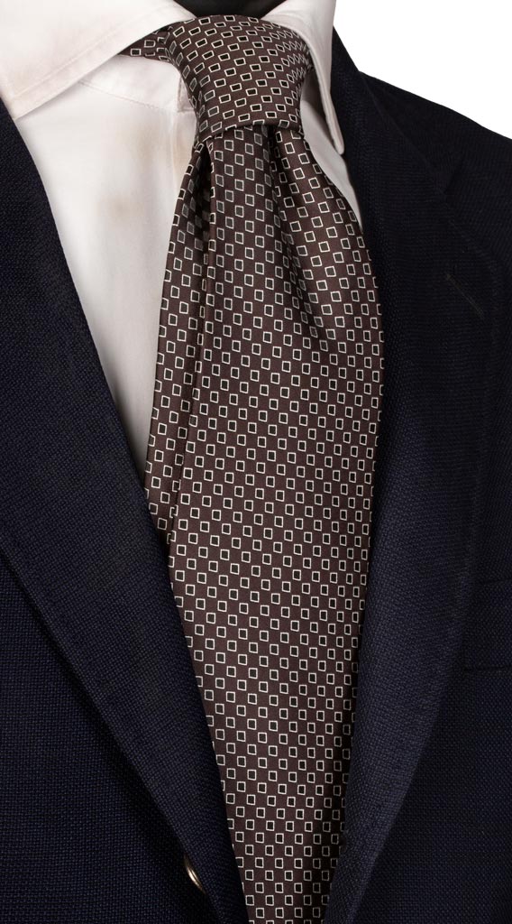 Cravatta di Seta Marrone Fantasia Blu Bianca Made in Italy graffeo Cravatte