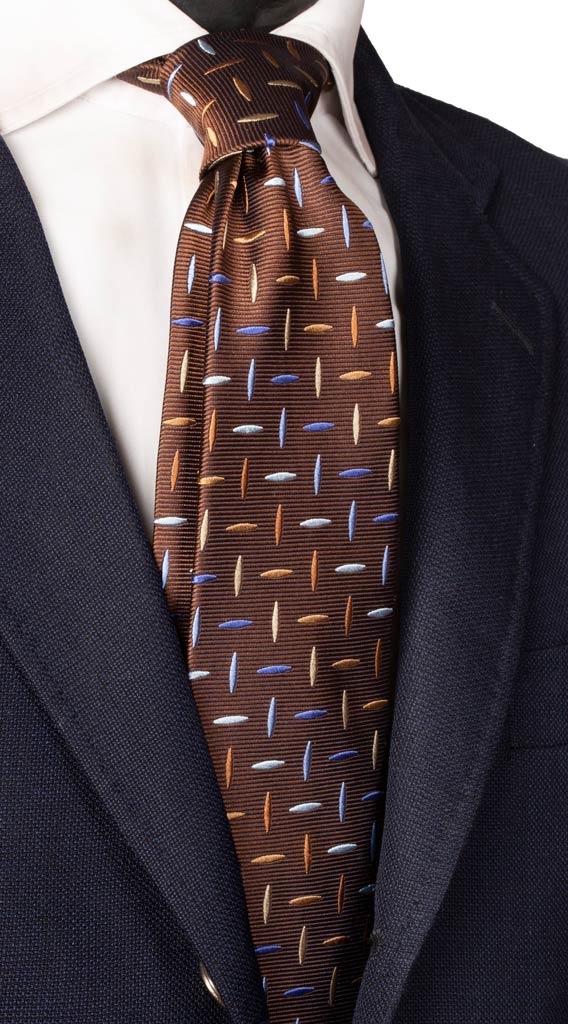 Cravatta di Seta Marrone Fantasia Bluette Celeste Beige Made in Italy Graffeo Cravatte