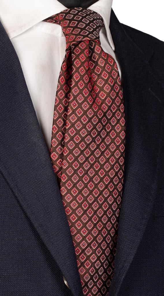 Cravatta di Seta Marrone Fantasia Rossa Celeste Made in Italy Graffeo Cravatte