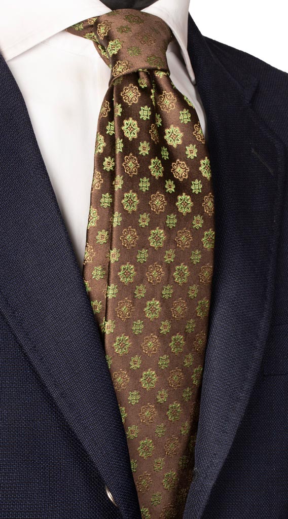 Cravatta di Seta Marrone Fantasia Verde Beige Made in Italy Graffeo Cravatte