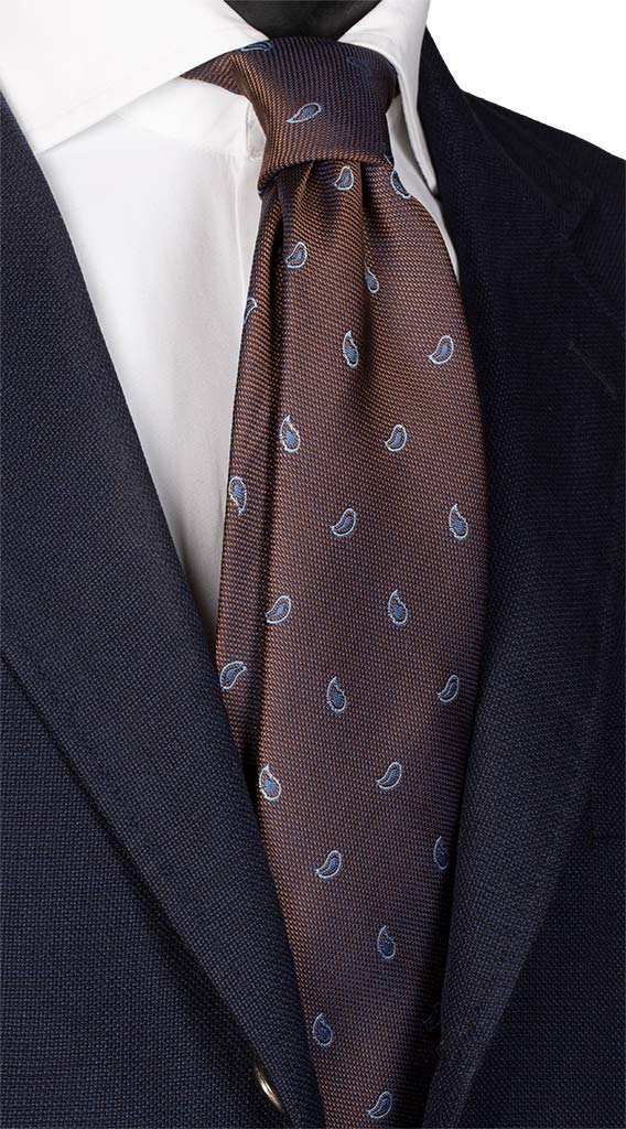 Cravatta di Seta Marrone Paisley Celeste Made in Italy Graffeo Cravatte