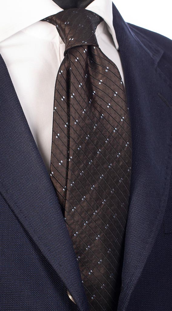 Cravatta di Seta Marrone Riga Tono su Tono Celeste Made in italy Graffeo Cravatte