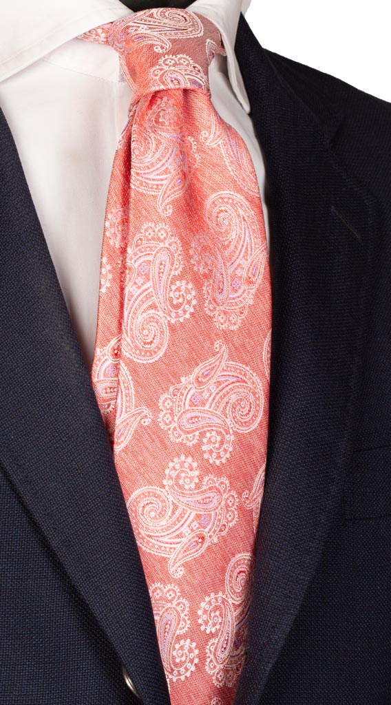 Cravatta di Seta Rosa Salmone Effetto Lino Paisley Bianco Glicine Made in italy Graffeo Cravatte