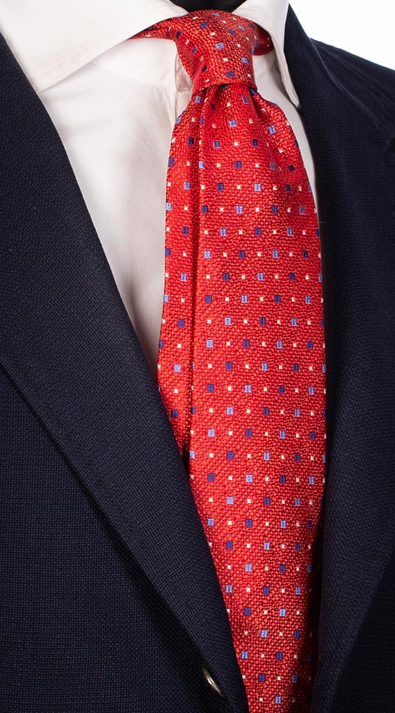 Cravatta di Seta Rossa Effetto Lino Fantasia Bluette Celeste Bianco Made in Italy Graffeo Cravatte