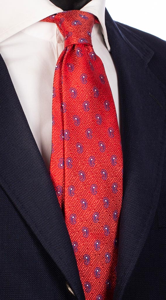 Cravatta di Seta Rossa Micro Fantasia Tono su Tono Paisley Bluette Bianco Made in Italy Graffeo Cravatte