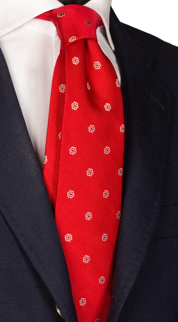 Cravatta di Seta Rossa a Fiori Bianchi Blu Made in italy Graffeo Cravatte