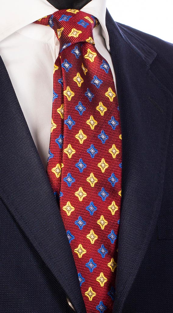 Cravatta di Seta Rosso Bordeaux Fantasia Gialla Bluette Made in Italy Graffeo Cravatte