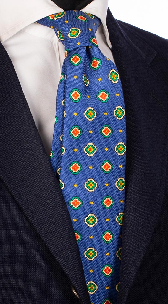 Cravatta di Seta Stampa Bluette Fantasia Gialla Rossa Verde Made in italy Graffeo Cravatte
