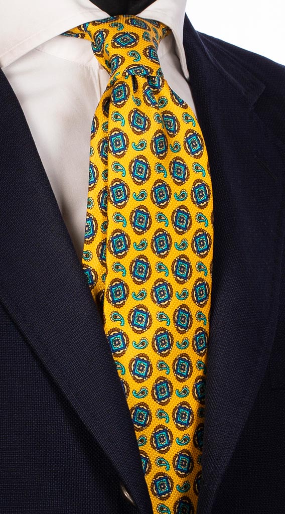 Cravatta di Seta Stampa Gialla Micro Fantasia Marrone Blu Made in italy Graffeo Cravatte