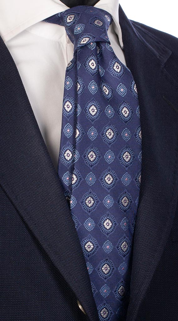 Cravatta di Seta Bluette Con Micro Fantasia Bianco Celeste Rosa Made in Italy Graffeo Cravatte