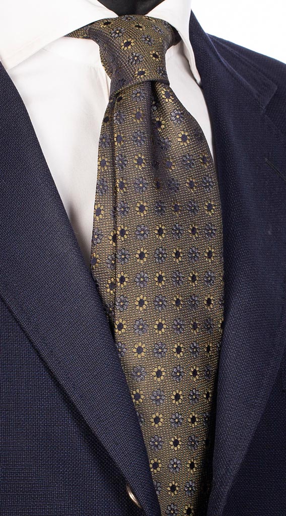 Cravatta di Seta Verde Cangiante a Fiori Tono su Tono Grigio Blu Made in Italy Graffeo Cravatte