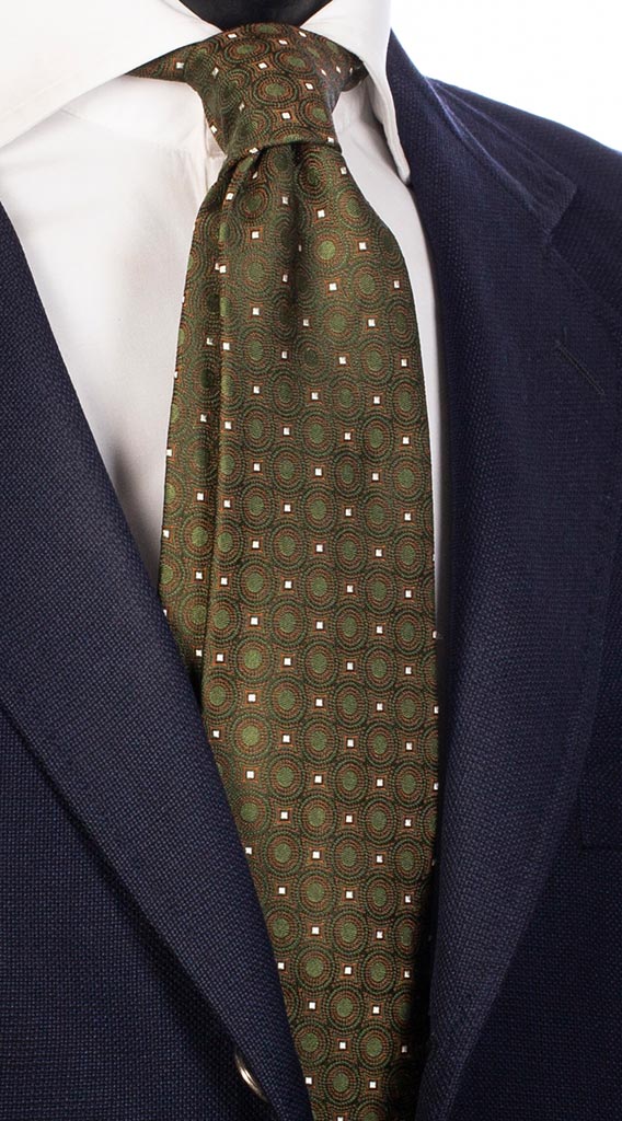 Cravatta di Seta Verde Fantasia Tono su Tono Marrone Bianco Made in Italy Graffeo Cravatte