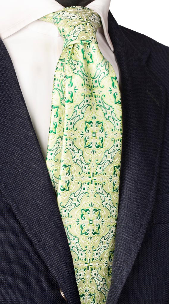 TigerTie Cravatta In Seta Verde Segnale: Tinta Unita Con Coste Rips - Lunghezza 150cm, Larghezza 8cm - 5