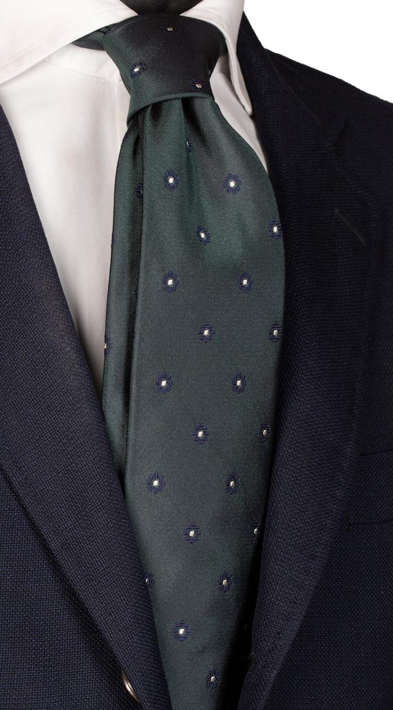 Cravatta di Seta Verde a Fiori Blu Bianchi Made in Italy Graffeo Cravatte