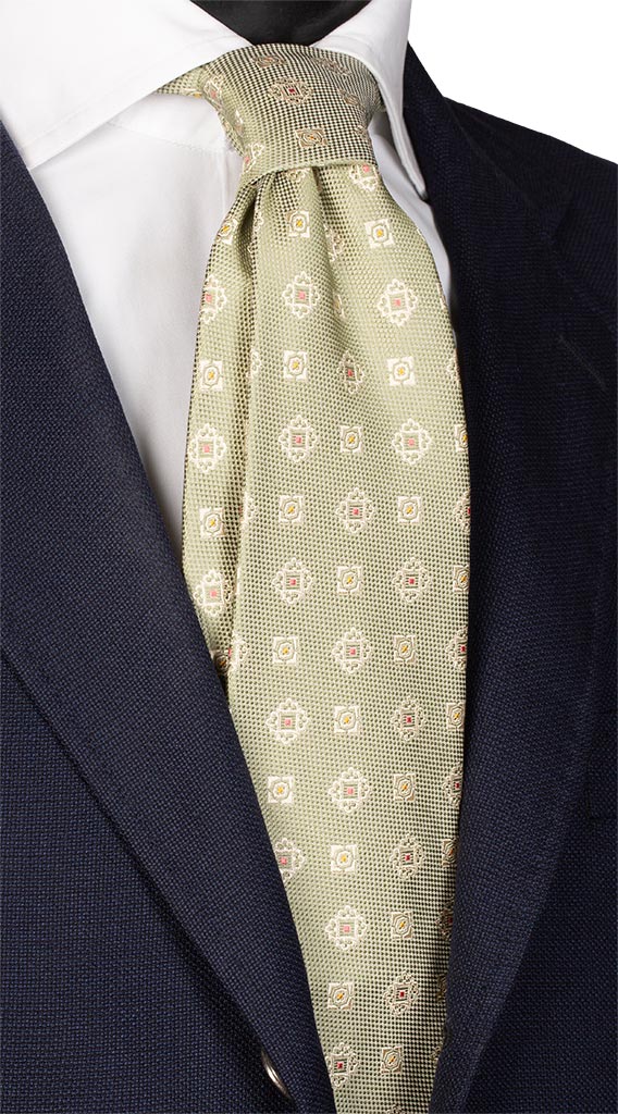 Cravatta di Seta Verde Chiaro Fantasia Beige Rosso Made in Italy graffeo Cravatte