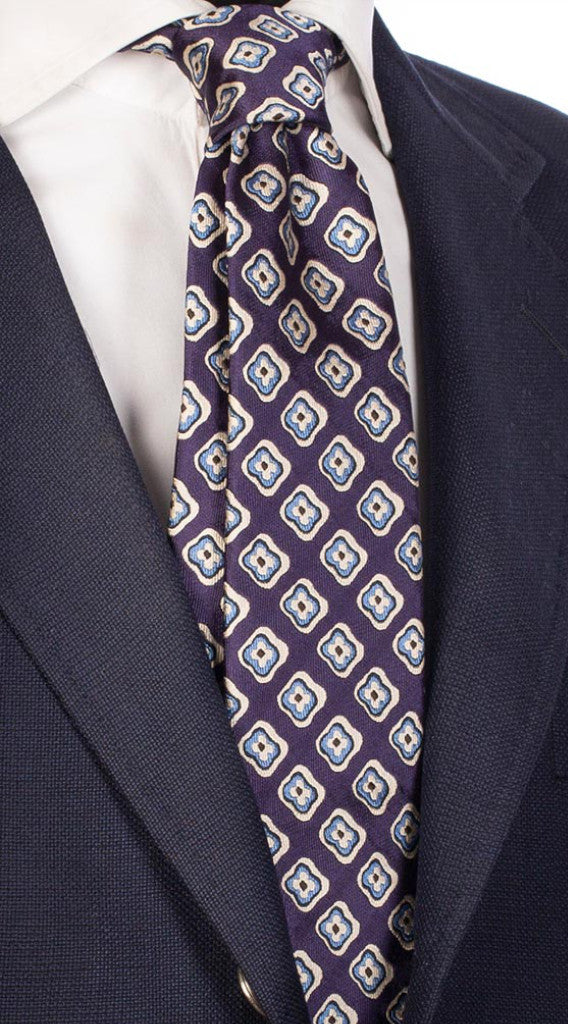 Cravatta di Seta Viola Con Fantasia Bianca Blu Celeste Marrone Made in Italy Graffeo Cravatte