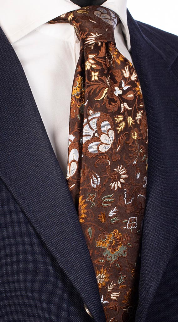Cravatta di Seta Marrone a Fiori Multicolor Effetto Cangiante Made in Italy Graffeo Cravatte