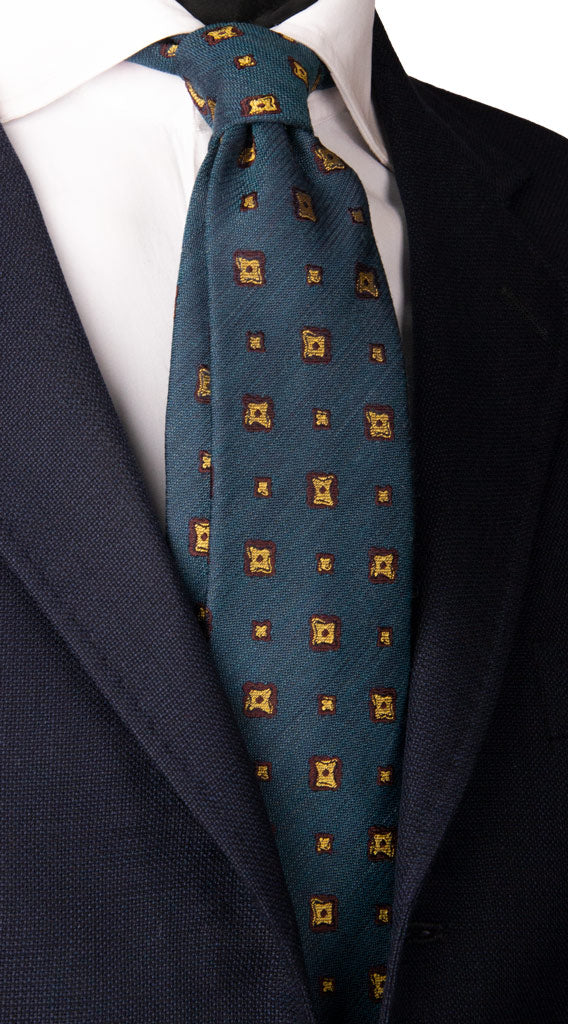 Cravatta in Lana Seta Blu Avio Fantasia Giallo Oro Marrone Made in Italy Graffeo Cravatte
