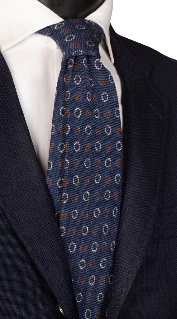 Cravatta in Lana Seta Blu Navy Fantasia Marrone Beige Bluette Made in Italy Graffeo Cravatte