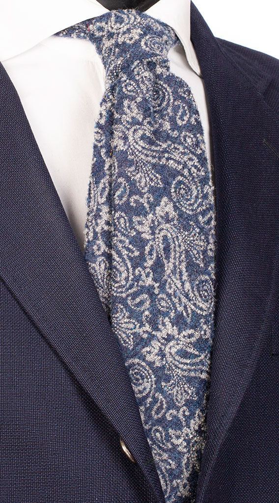 Cravatta in Lana Seta Blu Navy Paisley Grigio Chiaro Made in Italy Graffeo Cravatte