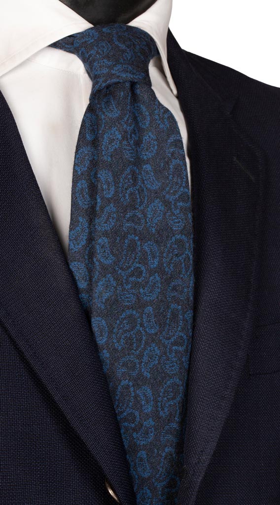 Cravatta in Lana Seta Blu Paisley Bluette Made in Italy Graffeo Cravatte