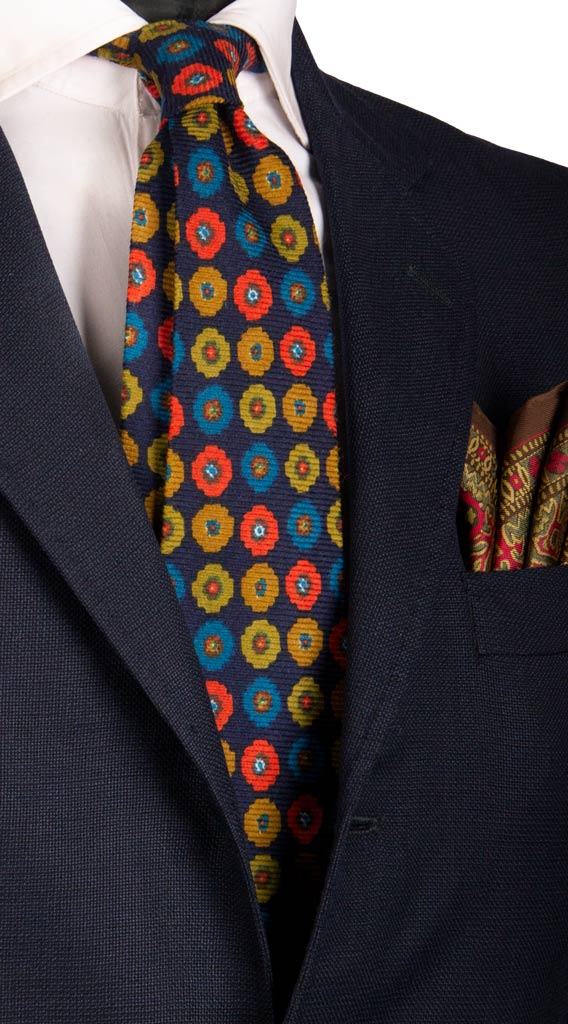 Cravatta in Lana Seta Blu a Fiori Multicolor Made in Italy Graffeo Cravatte