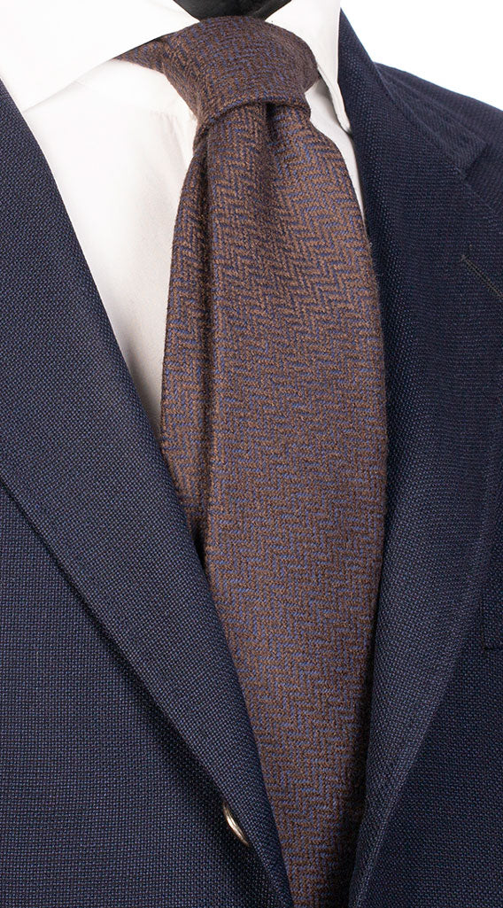 Cravatta In Lana Seta Blu con Lisca di Pesce Marrone Made in Italy Graffeo Cravatte