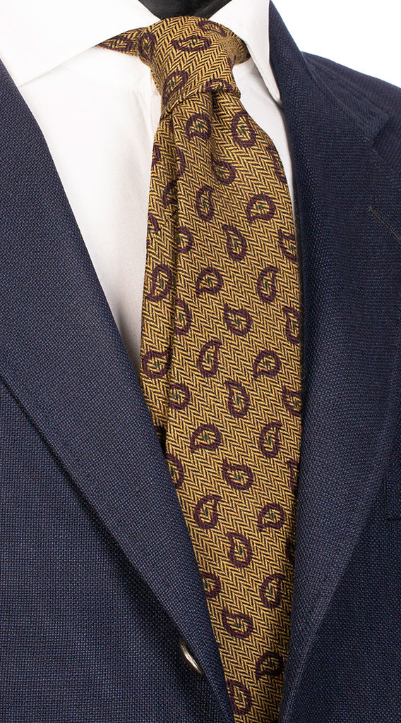 Cravatta in Lana Seta Gialla Verde Lisca di Pesce Paisley Marrone Made in Italy Graffeo Cravatte