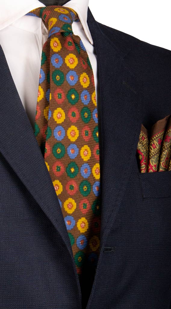 Cravatta in Lana Seta Marrone a Fiori Multicolor Made in Italy Graffeo Cravatte
