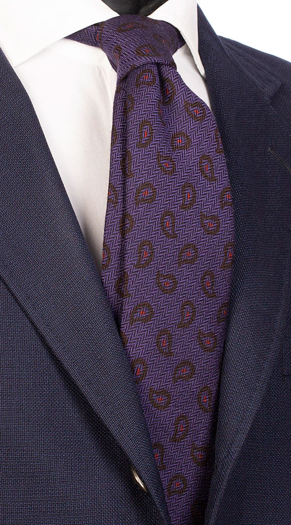 Cravatta in Lana Seta Viola Lisca di Pesce Paisley Marrone Arancio Made in Italy Graffeo Cravatte