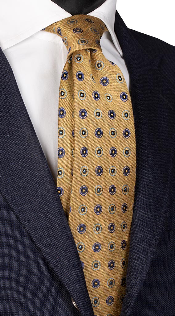 Cravatta di Seta color Senape Fantasia Bluette Azzurra Nera Made in Italy Graffeo Cravatte