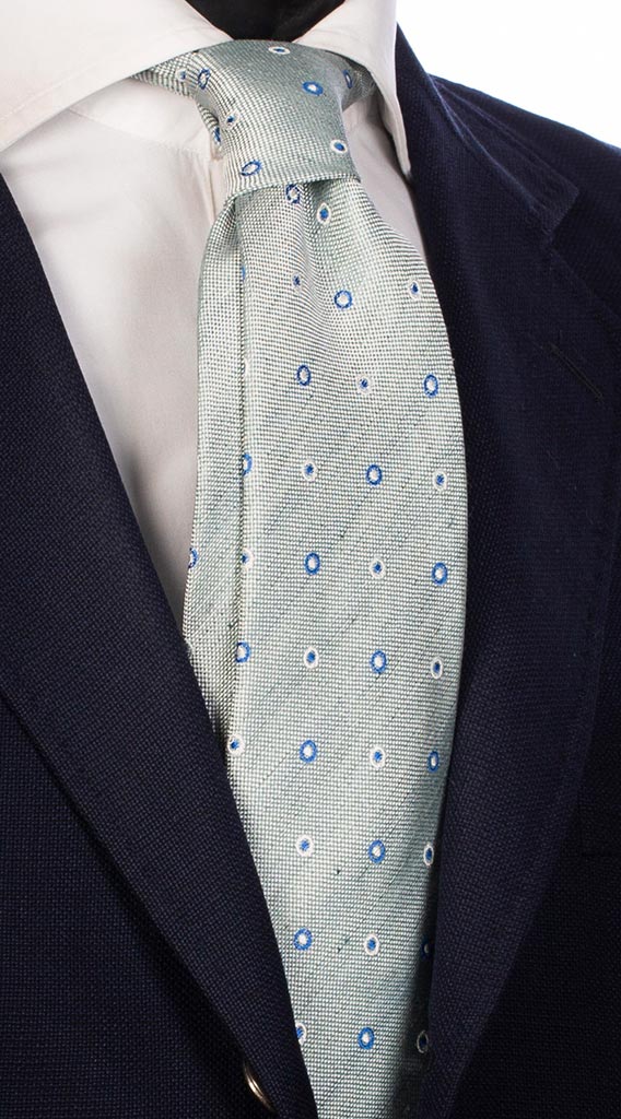 Cravatta in Lino Seta Verde Chiaro Fantasia Bluette Bianco Made in Italy Graffeo Cravatte