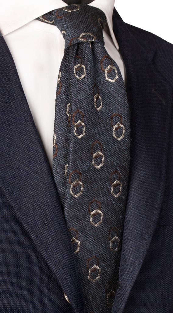 Cravatta in Seta Cotone Blu Fantasia Marrone Grigio Chiaro Made in Italy Graffeo Cravatte
