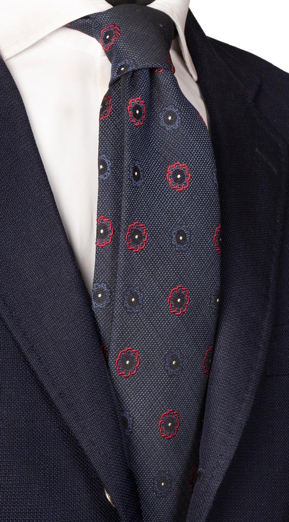 Cravatta in Seta Cotone Blu Fiori Rossi Celesti Made in Italy Graffeo Cravatte