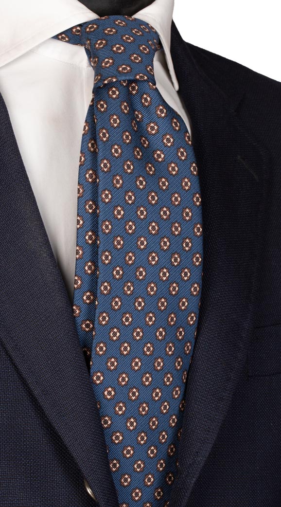 Man Blue Navy Silk Tie Brown Beige Pattern 6136