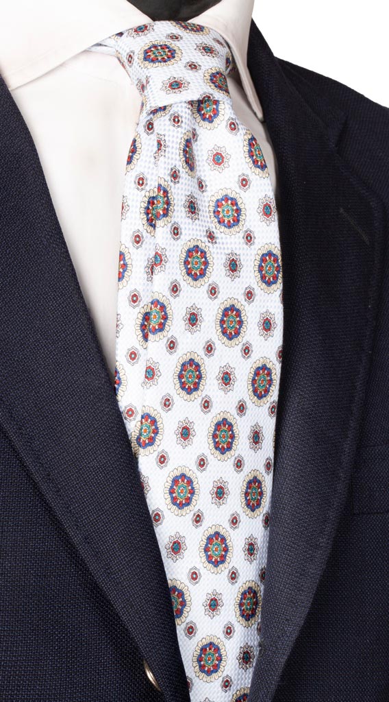 Cravatta in Seta Cotone Celeste Bianco Medaglioni Multicolor Made in Italy Graffeo Cravatte
