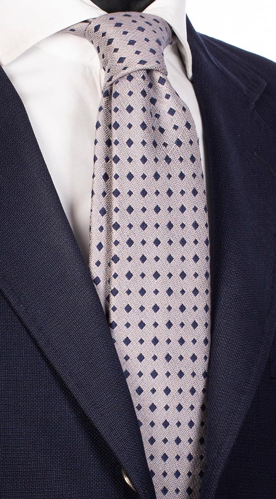 Cravatta in Seta Cotone Color Mastice Fantasia Blu Made in Italy Graffeo Cravatte