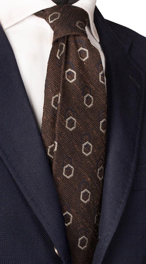 Cravatta in Seta Cotone Marrone Fantasia Blu Grigio Chiaro Made in Italy Graffeo Cravatte