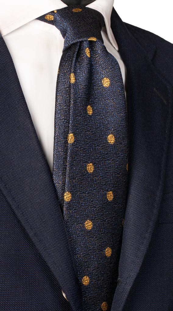 Cravatta in Seta Lino Blu Navy Pois Color Oro Made in Italy Graffeo Cravatte