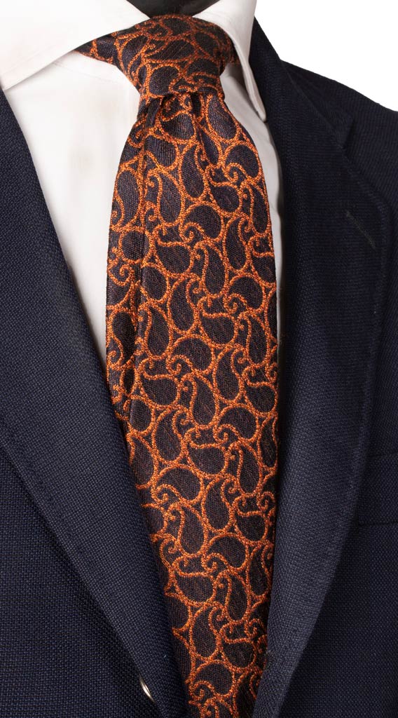 Cravatta in Seta Lino Blu Paisley Arancione Made in Italy Graffeo Cravatte