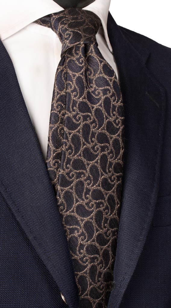 Cravatta in Seta Lino Blu Paisley Tortora Made in Italy Graffeo Cravatte