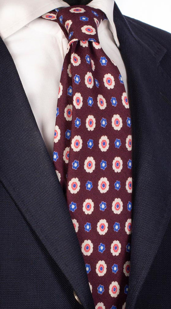 Cravatta in Seta Lino Color Melanzana Fiori Bianchi Rosa Bluette Made in Italy Graffeo Cravatte