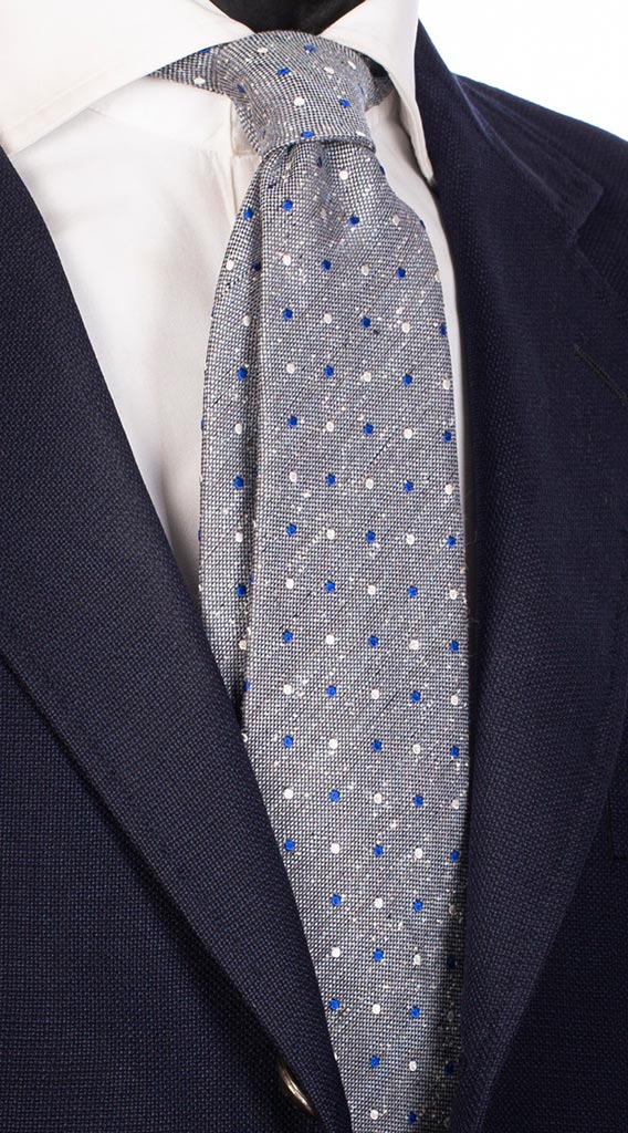 Cravatta in Seta Lino Grigia a Pois Bluette Bianca Made in Italy Graffeo Cravatte