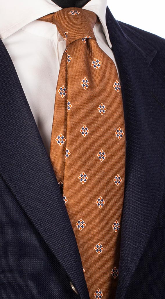 Cravatta in Seta Lino Marrone Chiaro Fantasia Arancione Blu Bianco Made in Italy Graffeo Cravatte