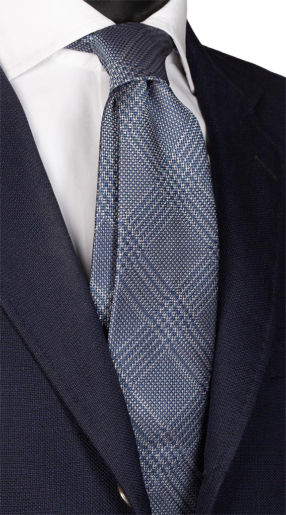 Cravatta in Seta Lino a Quadri Blu Avio Beige Made in Italy Graffeo Cravatte