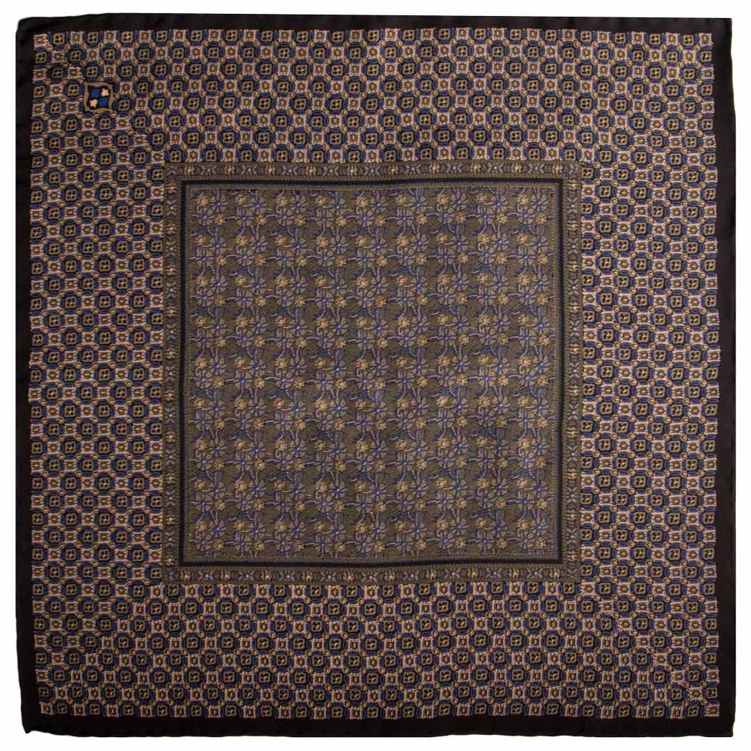 Fazzoletto da Taschino Vintage di Seta Nero Verde Fantasia Beige Bluette Made in Italy Graffeo Cravatte
