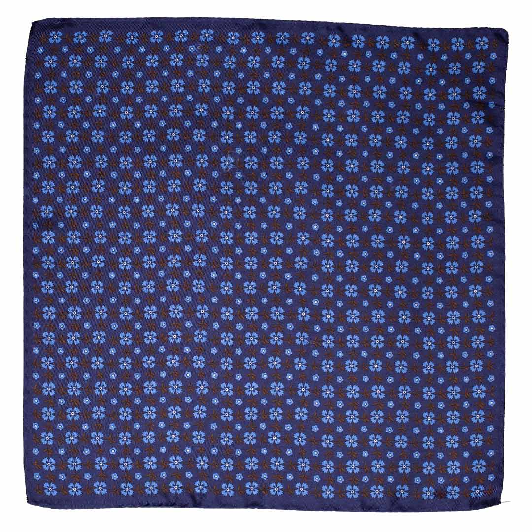 Fazzoletto da Taschino di Seta Blu a Fiori Celesti Marroni Made in Italy Graffeo Cravatte