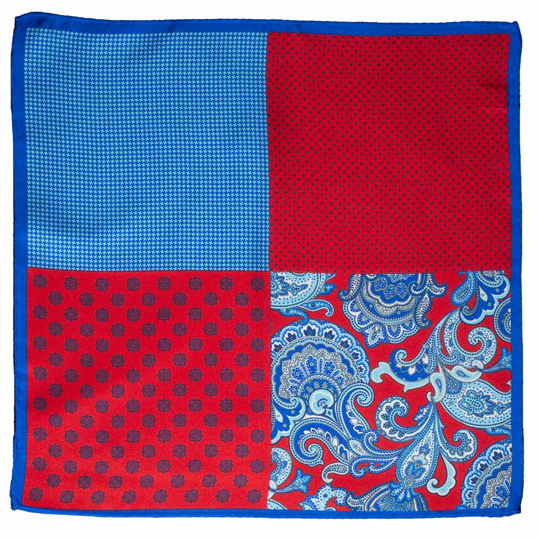 Fazzoletto da Taschino di Seta Fantasia Rosso Blu Celeste Made in Italy Graffeo Cravatte