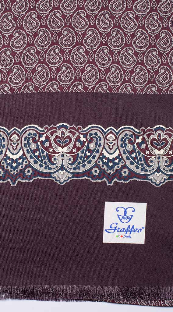 Sciarpa ad una Foglia in Seta Bordeaux Paisley Tono su Tono Grigio Blu Made in Italy Graffeo Cravatte Pala