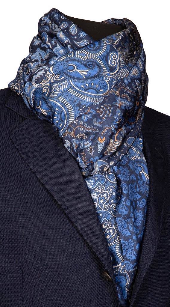 Sciarpa di Seta Blu Patchwork Paisley Celeste Marrone Made in Italy Graffeo Cravatte